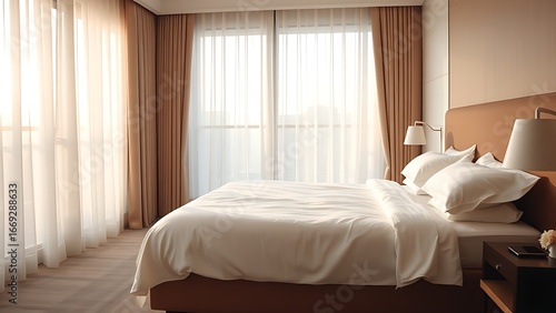 Wallpaper Mural Stylish hotel room with crisp linens and morning sunlight filtering through sheer curtains. Torontodigital.ca