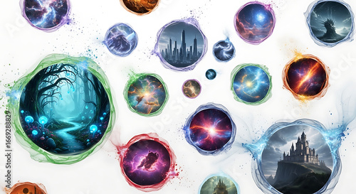 Collection of fantasy worlds depicted in bubbles with various environments and celestial bodies