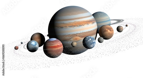 Illustration of the solar system planets aligned with rings on a white background in outer space