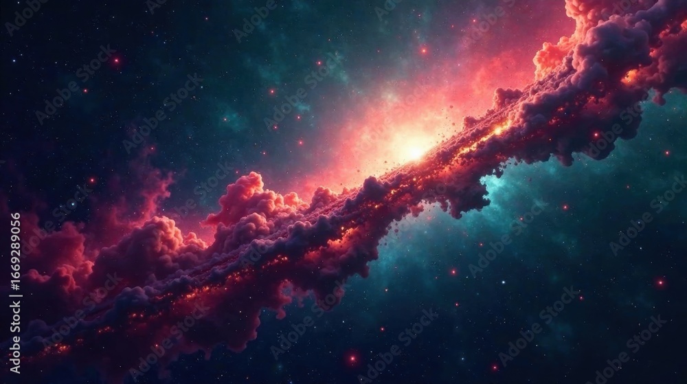 Fototapeta premium A Celestial River of Crimson Clouds Flows Through a Starry Expanse, Illuminated by a Distant, Glowing Nebula