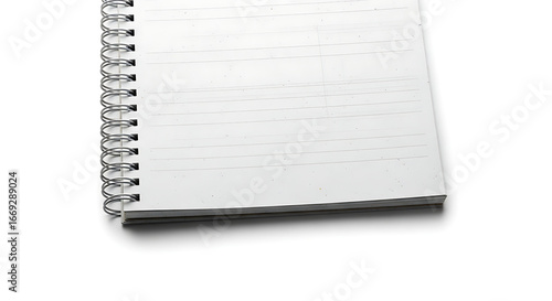 Close up of a spiral bound notebook with lined pages sitting on a white surface in bright lighting