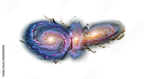 Two galaxies colliding with swirling arms and bright centers against a white background in space