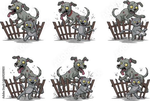 Cartoon zombie dog and cat duo breaking fence, perfect for Halloween vector art, spooky characters, horror humor, and undead pets.