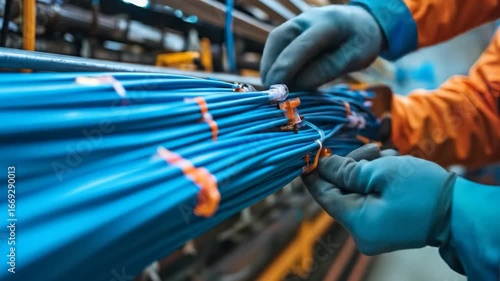 Technician Connecting Blue Cables.