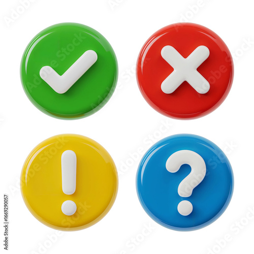 3D Glossy Colorful Buttons with Check, Cross, Exclamation, and Question Marks Set PNG