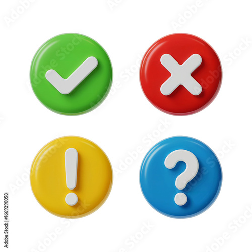 3D Glossy Colorful Buttons with Check, Cross, Exclamation, and Question Marks Set PNG