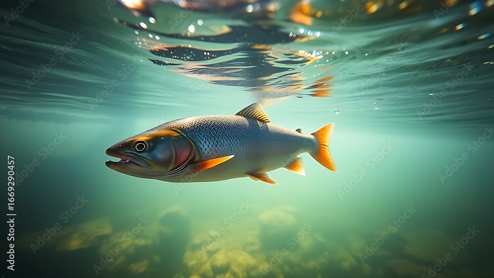 Fototapeta premium A trout swimming gracefully in a clear river, sunlight filtering through the water in a tranquil moment.