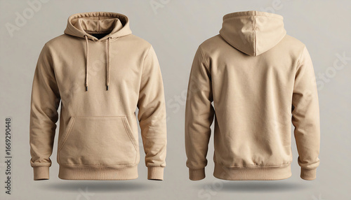 Front and back view of a blank tan or beige pullover hoodie mockup for apparel design.