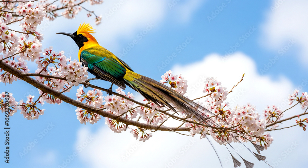 Fototapeta premium Golden bird of paradise perched on blossoms. 