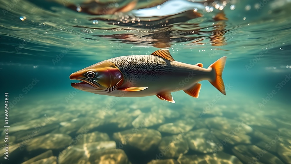 Fototapeta premium A trout swimming gracefully in a clear river, illuminated by sunlight filtering through the water.