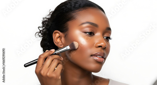 A woman applying makeup with a brush on her face in front of a white background in a beauty studio