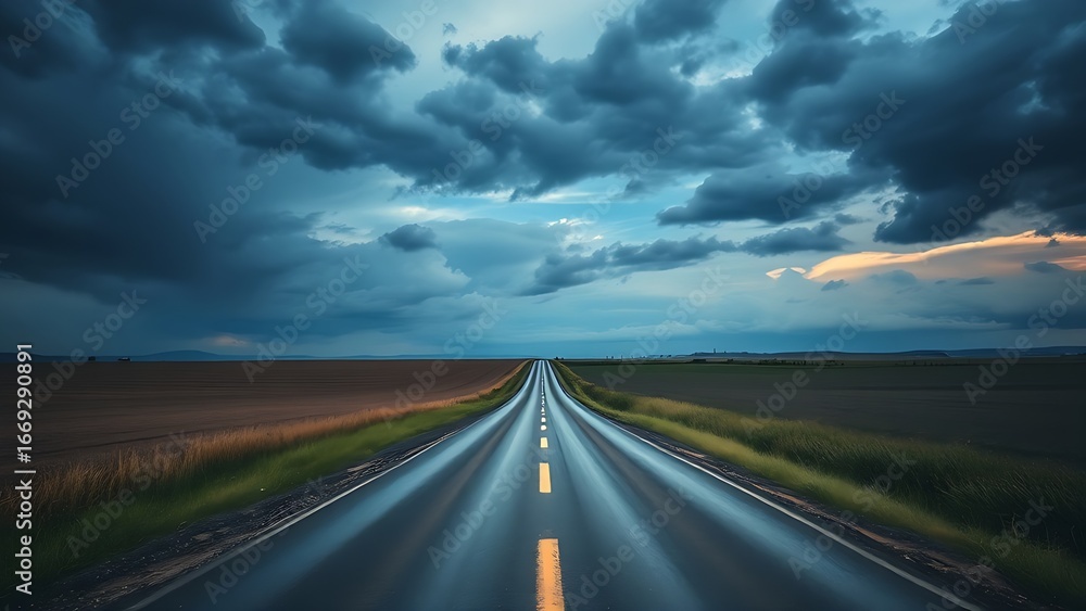 Naklejka premium A forked country road beneath a dramatic sky, symbolizing life's pivotal choices and paths.