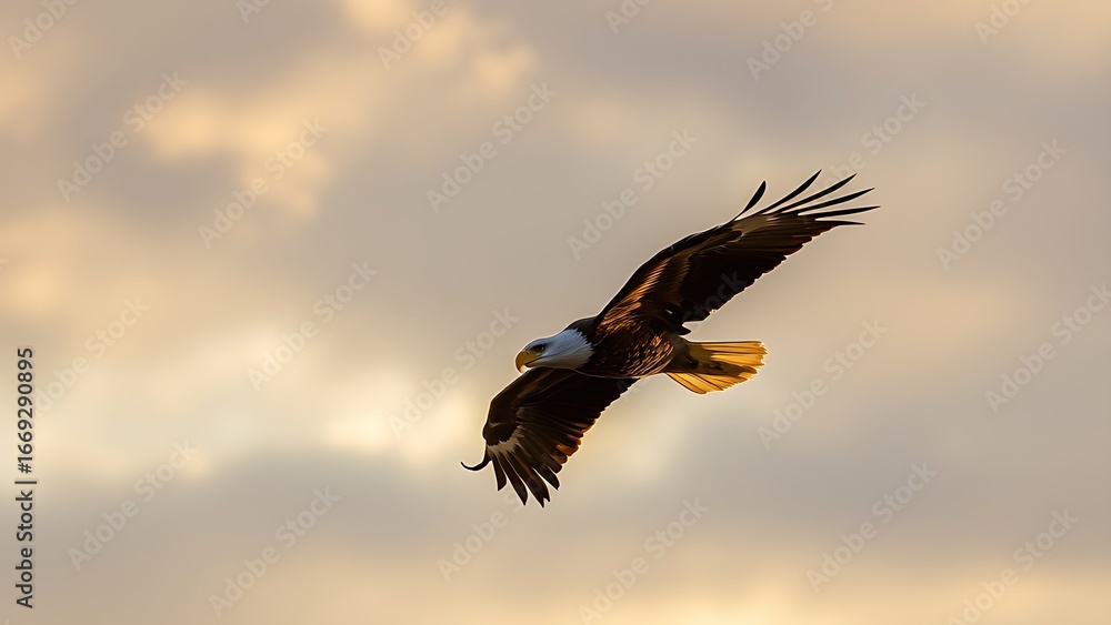 Obraz premium A majestic bald eagle soaring through a dramatic golden-hued sky.