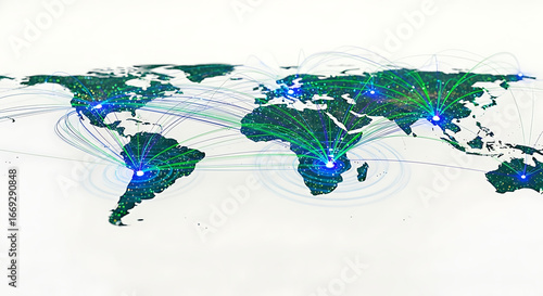 A world map with green continents and blue dots connected by lines on a white background view