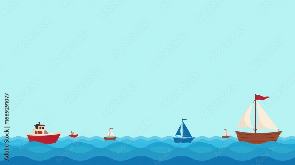 Naklejka premium A Serene Seascape Featuring Various Vessels Sailing on a Calm Ocean Under a Pale Blue Sky
