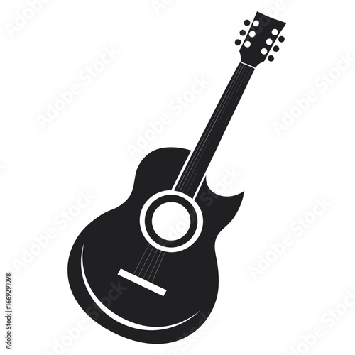 Stylized black silhouette of an acoustic guitar on a white background