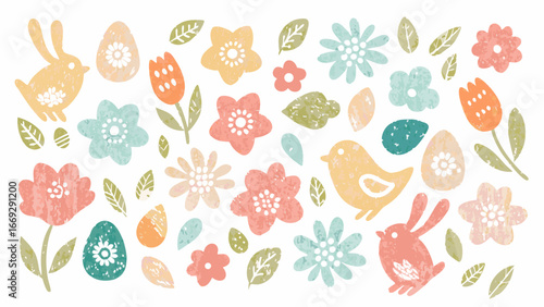 Cute easter bunnies birds and flowers in pastel colors with a textured effect