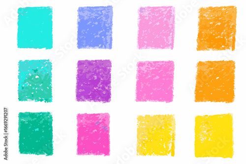 Collection of twelve colorful rectangles drawn with oil pastels