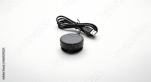 A black assistive technology switch with a usb cable on a white background in a studio setting