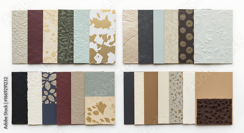 An arrangement of textured and patterned paper samples in various colors and designs on a white background