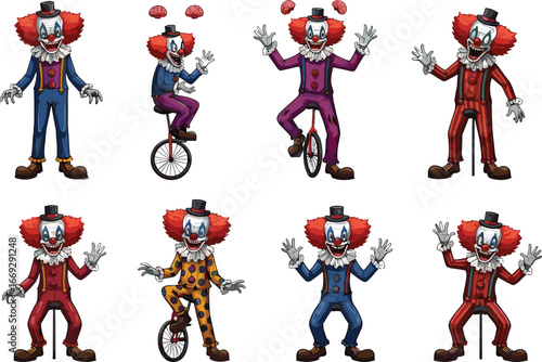 Colorful Cartoon Clowns on Unicycles – Funny Circus Characters with Red Hair and Unique Costumes in Vector Illustration for Entertainment Design