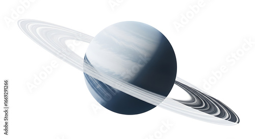 A digital rendering of a blue and white planet with prominent rings against a white background space scene