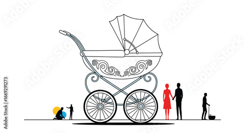 New life journey concept with baby stroller, family, and life stages illustrated in art