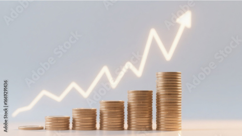Stacks of golden coins arranged in ascending order with a glowing upward arrow chart. Concept of financial growth, business success, investment strategy, and economic progress.