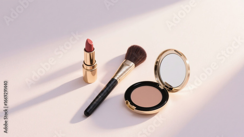Luxury makeup set with lipstick, powder compact, and brush on a soft pastel background. Elegant cosmetic flat lay for beauty, fashion, skincare, and luxury lifestyle concepts.