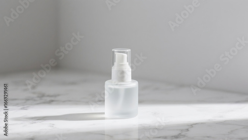 Minimalist skincare bottle with pump on white marble background. Clean beauty concept, cosmetic packaging mockup, luxury skincare product photography for advertising and branding.