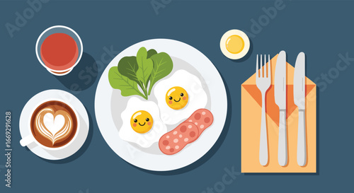 Delicious breakfast with smiling eggs, coffee, and sausage, perfect for a cheerful morning scene