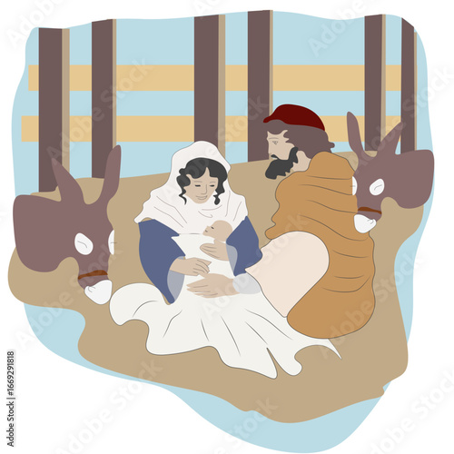 Jesus' Birth Nativity Scene with Mary Joseph and animals