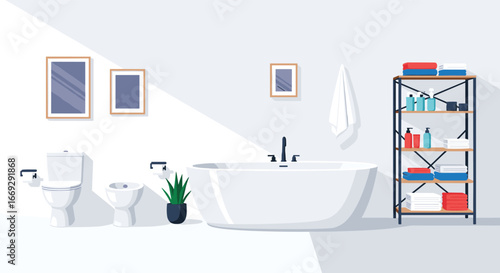 Modern minimalist bathroom design with clean lines, spa-like atmosphere, and functional storage