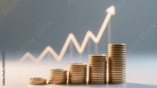Stacks of golden coins arranged in ascending order with a glowing upward arrow chart. Concept of financial growth, business success, investment strategy, and economic progress.