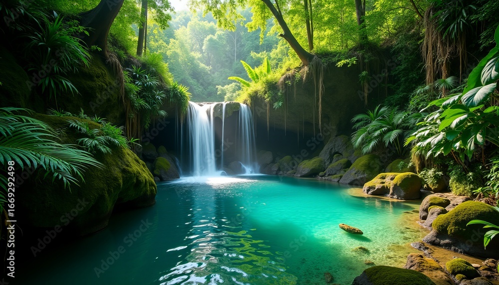 Fototapeta premium The Secret Garden A Soothing White Noise of Water Fills a Tranquil Pool and Jungle Retreat