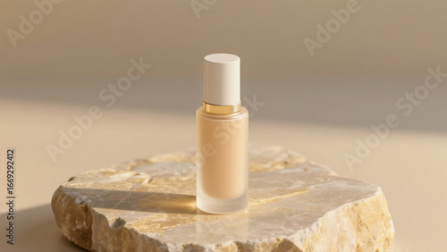 Minimalist cosmetic bottle with white cap and frosted glass, standing on natural stone with warm sunlight. Luxury skincare product photography for beauty, cosmetic branding, and natural skincare mocku