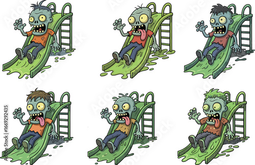 Funny cartoon zombie kids sliding on playground slide, creepy monster characters illustration, Halloween horror theme vector, isolated white background.