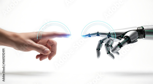 Human and robot fingers nearly touching with glowing connection on a white isolated background