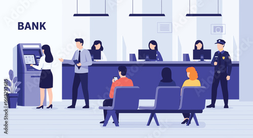 People at a modern bank performing various activities illustration for financial business or service solutions