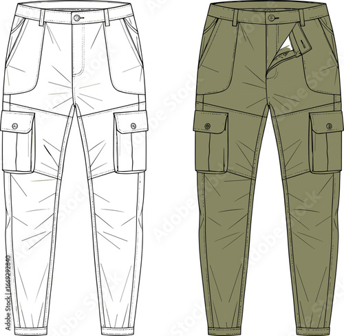 Cargo pants technical sketch, olive green fashion illustration, flat vector apparel design, cad drawing, garment construction, streetwear style