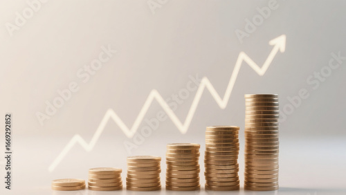 Stacks of golden coins arranged in ascending order with a glowing upward arrow chart. Concept of financial growth, business success, investment strategy, and economic progress.