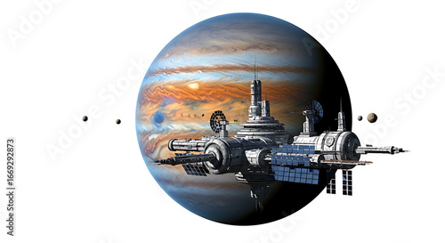 A space station orbiting a large planet with smaller moons and a white background in the distance