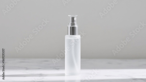 Minimalist skincare bottle with pump on white marble background. Clean beauty concept, cosmetic packaging mockup, luxury skincare product photography for advertising and branding.