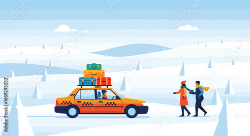 Couple arrives by taxi with luggage for a snowy winter vacation getaway adventure in cold season