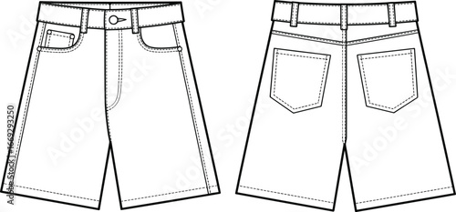Flat sketch of denim shorts with waistband, belt loops, front pockets, back pockets, and stitching details, fashion garment design template illustration.