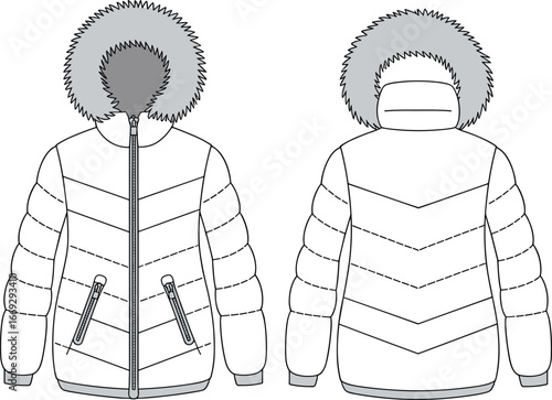 Flat sketch of winter padded puffer jacket with fur hood, zipper front, warm outerwear fashion design template for clothing illustration.