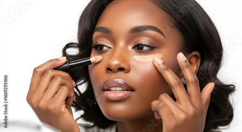 Woman applying concealer under her eyes with a makeup brush and finger on a white background close up