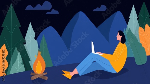 A woman works on a laptop by a campfire in a serene mountain landscape.