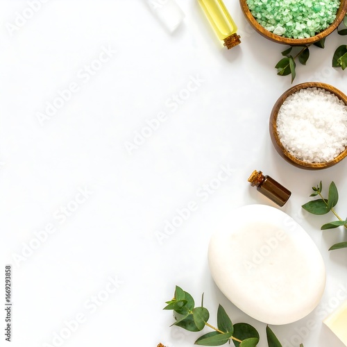 White background showcasing spa items soap, salts, oils, and eucalyptus