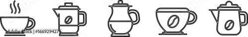 Collection of minimalist line art icons for coffee, tea, and hot beverages.